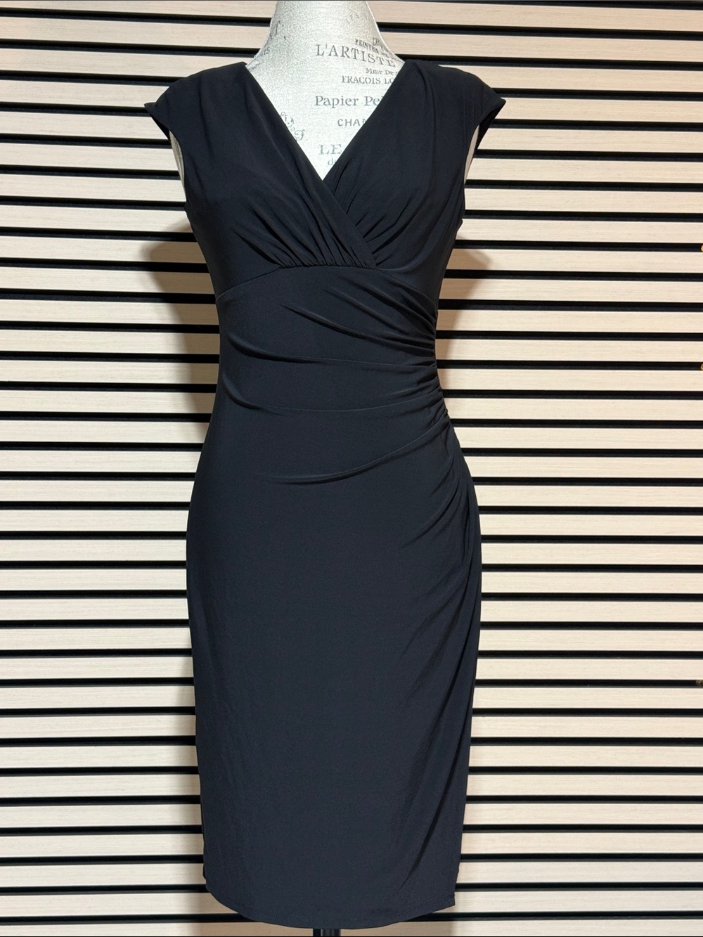 Chaps. Black Ruched V‑Neck Midi Dress.